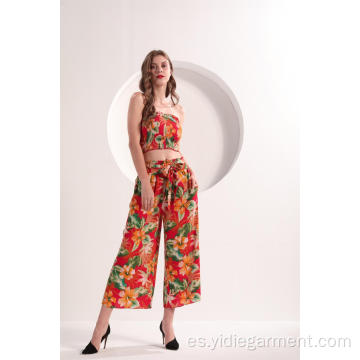 Pantalones anchos de cintura alta con estampado floral para mujer